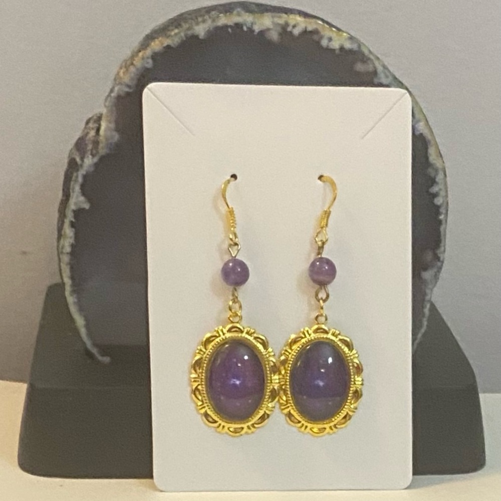 NEW Amethyst crystal with purple cabochon earrings & gold components